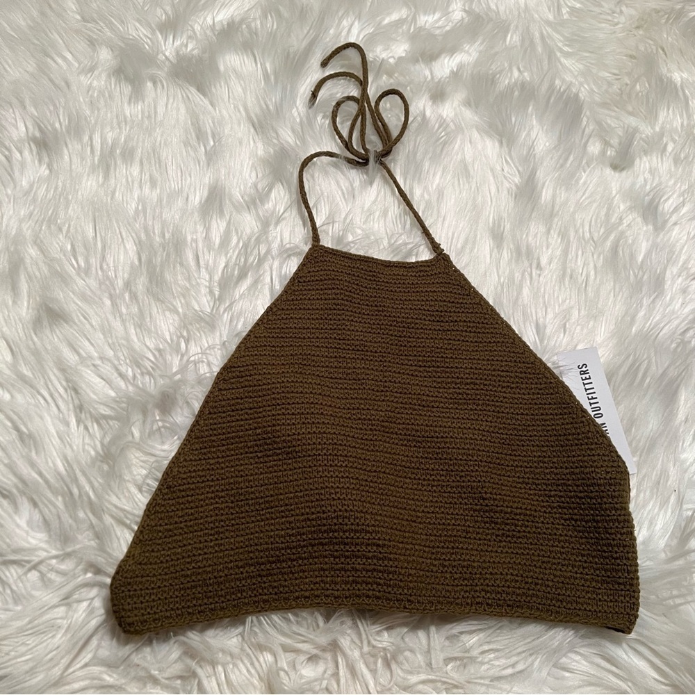 Urban Outfitters Women's Size Medium Backless Crochet Halter Top Olive Green Tie - Picture 2 of 9